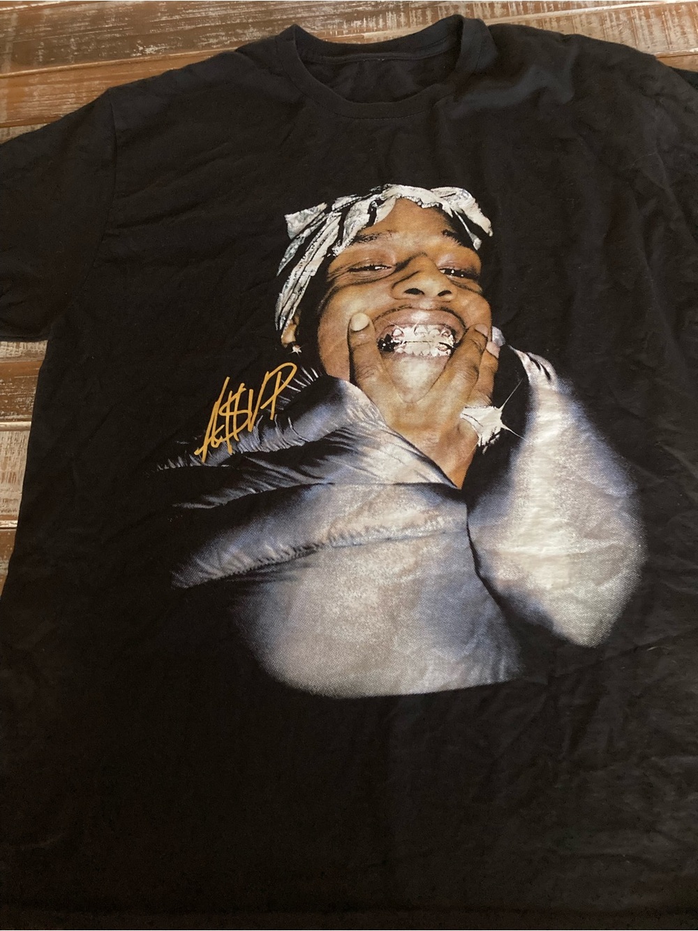 ASAP Rocky Black Graphic Tee with Smiling Portrait